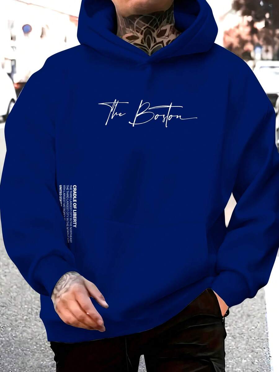 The Boston Men's Cotton Unisex Flannel Kangaroo Sweatshirt - 藏蓝色 - 查看 1