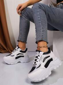 新款春秋季隐形跟透气休闲厚底白色运动鞋，舒适厚底运动鞋 - 黑色 - 查看 2