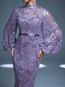 Mgiacy New Arrival High Neck Elegant Evening Gown Dress Sequin Perspective Lantern Sleeve Bodycon Mermaid - 紫色 - 查看 7