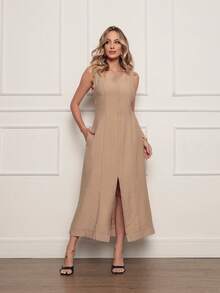 DUOUNO MODAS - MARANTE LONG WOMEN'S TANK TOP DRESS WITH ZIPPER AT THE BACK AND POCKETS - LONG DRESSES FOR WOMEN - Camel Beige - View 3