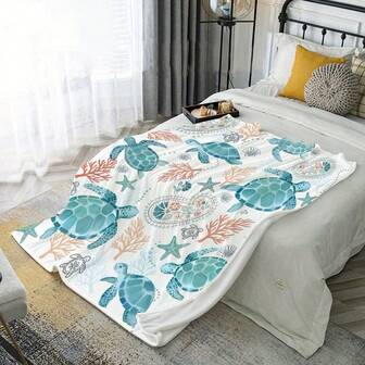 Manta suave y ligera de felpa de tortuga y coral, diseño de estrellas de mar y vida marina, ideal para viajes, regalos y decoración costera del hogar, tela cómoda con tema marino