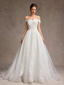 女士婚纱，白色，吊带，优雅，婚纱，新娘 - 白色 - 查看 3