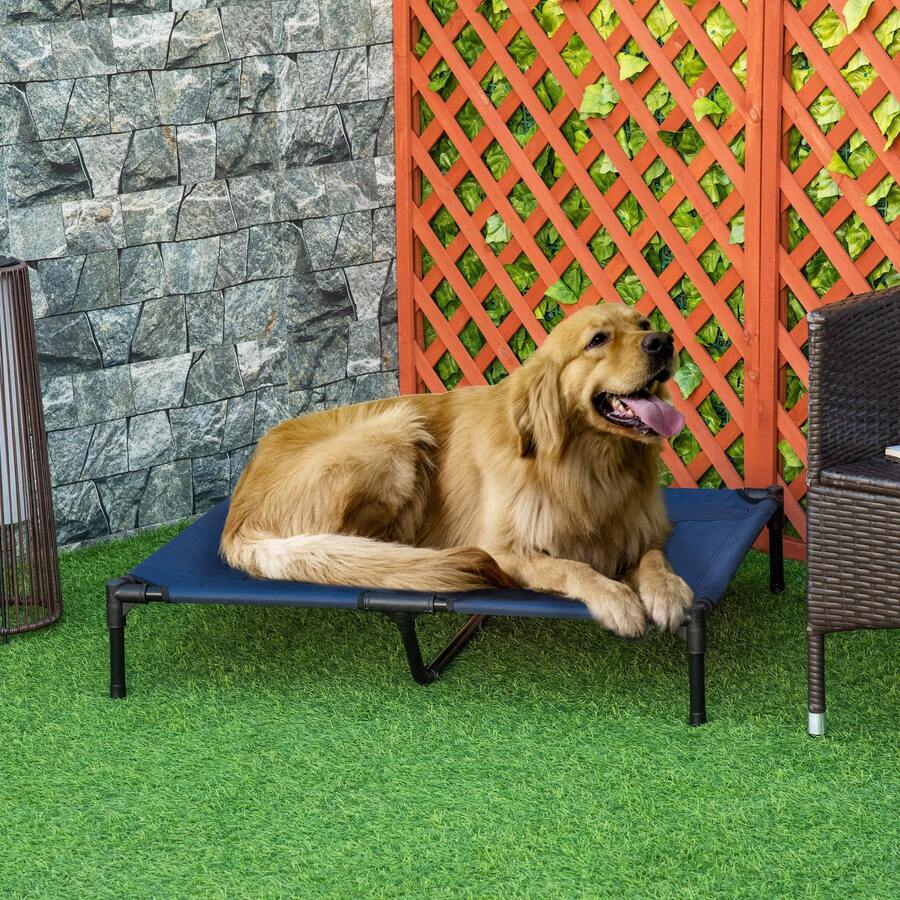 PawHut Hundeliege Outdoor, Erhöhtes Hundebett für Grosse Hunde, Kühlende Haustierliege Katzenbett mit Waschbares Mesh Metallrahmen für Garten Camping, 92 x 76 x 18 cm, Blau - Blau - Übersicht 1