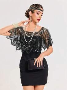 1 pièce Étole élégante vintage des années 1920 avec sequins et perles - 100% polyester respirant, pullover enveloppant avec élasticité, motif à rayures brodé, cape décorative pour soirée pour femmes