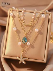 Hihho 3pcs/Set Fashionable Cubic Zirconia Embedded Navy Blue Water Drop Pendant Necklaces, Ocean Series Starfish Pendant Necklaces, Pearl Necklaces, Choker Necklaces, Necklace Sets, Suitable For Daily Wear, Festivals, Party Gifts (Random Pearl Quantity) - Yellow Gold - View 2