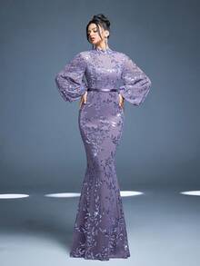 Mgiacy New Arrival High Neck Elegant Evening Gown Dress Sequin Perspective Lantern Sleeve Bodycon Mermaid - 紫色 - 查看 6