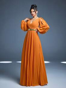 Mgiacy,New Arrival,Cross-Over Collar,Shining,Bridesmaid Dress,Solar Pleat,Hollow Out Lantern Sleeve,Chiffon,A-Line Dress - Burnt Orange - View 5