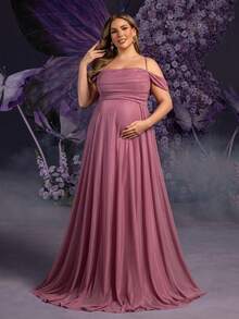 Faeriesty Vestido de maternidad de talla grande Dressalisa con tirantes ultradelgados y lazo en la espalda - Elegantes volantes en el busto y falda dramáticamente amplia para bodas de primavera/verano, fiestas formales, baby shower y eventos glamorosos (Estética floral romántica, silueta favorecedora, diseño de maternidad cómodo) - Rosa vieja - Ver 1