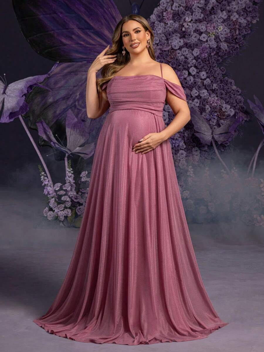 Faeriesty Vestido de maternidad de talla grande Dressalisa con tirantes ultradelgados y lazo en la espalda - Elegantes volantes en el busto y falda dramáticamente amplia para bodas de primavera/verano, fiestas formales, baby shower y eventos glamorosos (Estética floral romántica, silueta favorecedora, diseño de maternidad cómodo) - Rosa vieja - Ver 1