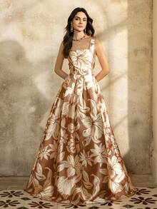 Faeriesty Printing Vintage Square Neck Sleeveless Floral Print Dress With Back Tie Closure - Flowy Feminine Design For Spring Summer, Garden Parties, Weddings & Evening Events,Vacation Essentials - Khaki - View 3