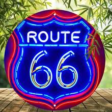 1pc 2D Vintage Route 66 Neon Sign Style 8-Inch Round Wooden Plaque, Battery-Free - Classic Americana Decor Suitable For Bar, Cafe, Beach House, Backyard Or Patio - Random Hole Style Room Decor Bedroom Decor Home Decor Wall Decor