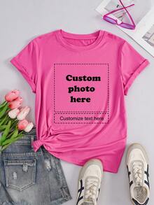 Customized Women's T-Shirt - Can Add Text And Photos (Landscape/Badge/Couple/Family/Selfie/Pet), Customizable Font And Color, Suitable For Summer Travel, Gift For Girlfriend, Women's T-Shirt ,For Family, Gift For Wife - Hot Pink - View 3