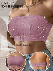 Biustonosz damski koronkowy z łatkami i zapięciem na guziki z przodu, bez fiszbin - Brudny różowy - Zobacz 1