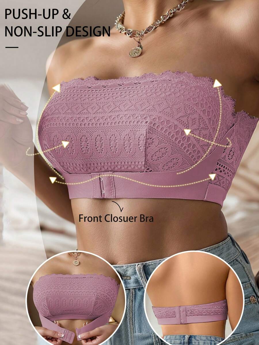 Biustonosz damski koronkowy z łatkami i zapięciem na guziki z przodu, bez fiszbin - Brudny różowy - Zobacz 1