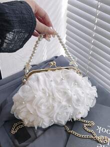 2025 Spring/Summer White Romantic Wedding Season 1pc White Pearl Mesh Floral Hair Clip & Pearl Handbag, Elegant Women's Luxury Dress Evening Bag, Bridal Purse, Wedding Party Clutch - White - View 2