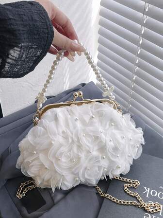 1 pieza Clip de pelo con flores de perlas y malla blanco, bolso de mano con perlas - Accesorio elegante de lujo para vestido de noche, fiesta de boda, bolso de novia - Colección Primavera/Verano 2025