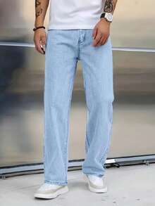 1pc Men's Straight Leg Regular Fit Casual Light Blue Denim Jeans, Comfortable Street Style Suitable For Urban Walking And Outdoor Activities, Spring/Summer - Rửa nhẹ - Xem 4