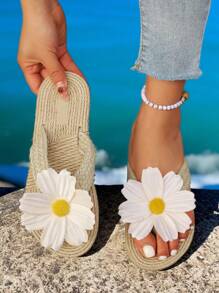 Damen Khaki Sommer Neue Leinen Seil Zehenstegsandalen, flache modische Lässig Pantoffeln mit Blumen, offene Zehenpartie