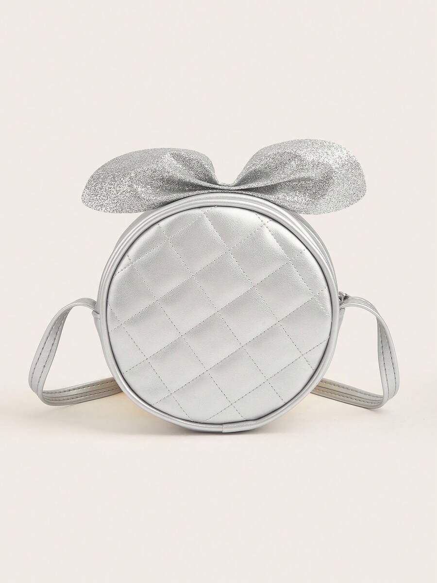 1pc Girls Shiny Cute Glitter Bow Design Round Mini Crossbody Bag, For Daily Use