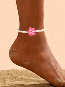 1 件百搭波西米亚风格海滩度假玻璃珠和聚合物粘土鸡蛋花脚链，适合女士（聚合物粘土花朵上的小孔是正常且不可避免的） - 粉色 - 查看 1