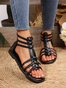 青少年黑色编织带平底凉鞋，舒适透气学生鞋，后跟拉链 - 黑色 - 查看 5