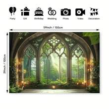 1 Decoración de fondo de fotografía de fibra de poliéster con ventana de catedral gótica en el bosque gótico, gran bandera de decoración de pared para estudio de fotografía, boda, cumpleaños, aniversario, hogar de las cuatro estaciones y decoración de evento del jardín