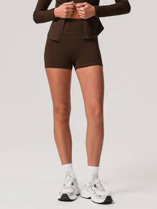 Sodalemon 女士无缝休闲提臀轻便短裤，纯色瑜伽跑步运动短裤，欧洲尺码 - 咖啡棕 - 查看 4