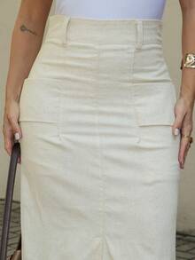 LLANA MODA Saia Reta Linho Feminina Bolso Elegante Frontal Com Forro - Bege - Visão 8