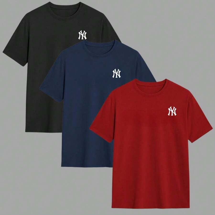 Kit 3 Men's T-Shirts 100% Cotton Blouse Comfortable Round Neck Shirt Various Colors Immediate Shipping - 紅色 - 查看 1