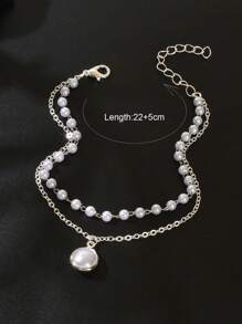 1 Stück Boho Chic Fußkette mit Perlen-Doppelkette, silberne Rundanhänger, einstellbar für Frauen