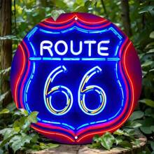 1pc 2D Vintage Route 66 Neon Sign Style 8-Inch Round Wooden Plaque, Battery-Free - Classic Americana Decor Suitable For Bar, Cafe, Beach House, Backyard Or Patio - Random Hole Style Room Decor Bedroom Decor Home Decor Wall Decor