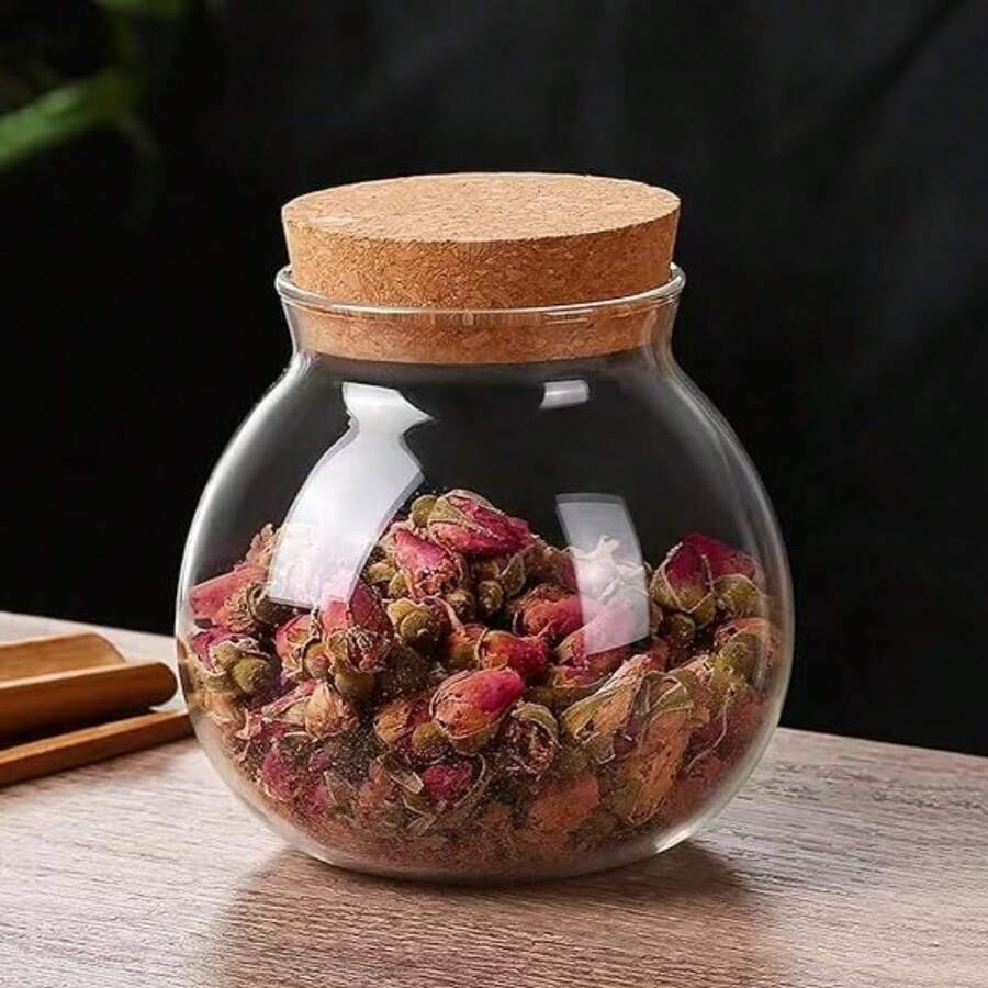 Envío local: perfecto para té, galletas, cereales, harina, frijoles, especias, granos de café, etc. Set de 9 tarros redondos de vidrio con tapa de corcho - 500ml Tarro de caramelos de boda, tarro de cocina - 4 piezas - Ver 1