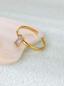 1 pièce Bague de pierre de naissance en zircone pour femme, en acier inoxydable couleur or, bague ajustable minimaliste, cadeau de bijouterie pour Noël et anniversaire