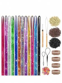 12pcs/Set Metallic Hair Tinsel Extensions, Suitable For Girls 7600 Strands Holographic Metallic Hair Tinsel, Heat Resistant, Colorful Hair Sparkle For Party/Festival (12 Colors) - Multicolor - View 1