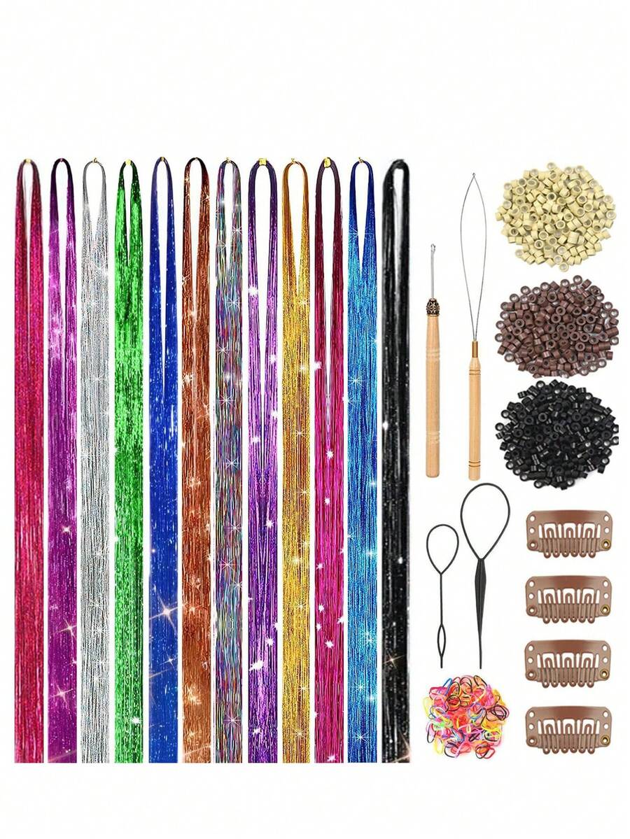12pcs/Set Metallic Hair Tinsel Extensions, Suitable For Girls 7600 Strands Holographic Metallic Hair Tinsel, Heat Resistant, Colorful Hair Sparkle For Party/Festival (12 Colors) - Multicolor - View 1