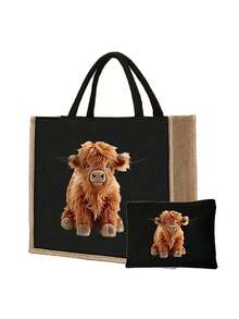 牦牛主题亚麻手提袋套装，黑色亚麻手提袋配黄色滚边，另附黑色零钱包，适合日常购物、手提、个性化礼品包装、旅行，是假日、周末、婚礼、生日、海滩、度假的理想之选，也是送给女性、母亲、教师、朋友以及开学季的绝佳礼物。