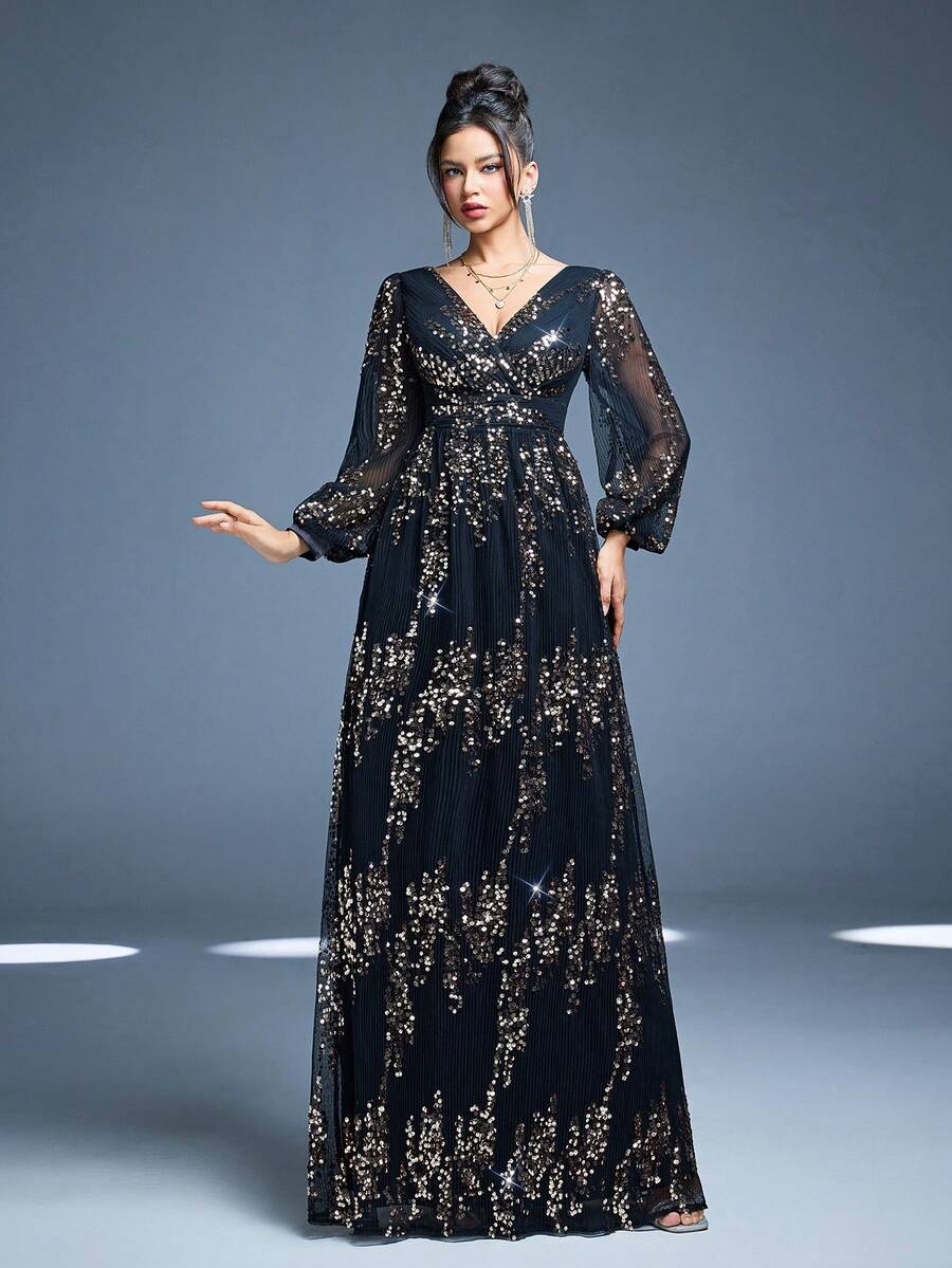 Mgiacy,New Arrival,Cross-Over Collar,Elegant,Evening Gown Dress,Sequin,Toothpick Pleat,Lantern Sleeve,Long Dress,FOR,Dinner Party - Black - View 1