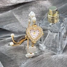 1 pièce Montre à quartz mode mignonne pour femmes avec boîtier en alliage décoré de perles en forme de cœur bicolore et cadran chiffres arabes