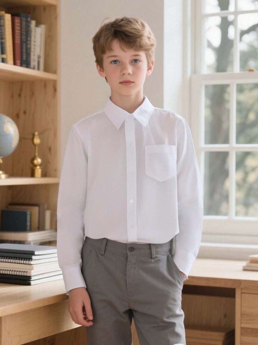 Boys' & Teenagers' White Cotton Classic Button-Down Shirt, Formal Wear For School, Graduation, Party, Holiday Events