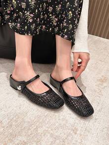 Xin Jing Shoes 2025秋季女士平底鞋时尚百搭编织镂空绑带平底增高通勤平底鞋穆勒鞋 - 黑色 - 查看 4