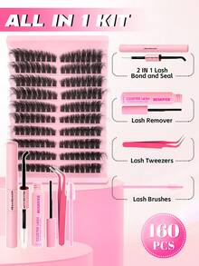 160 件蓬松 D 卷曲单根睫毛簇 80D 8-16 毫米 DIY 睫毛簇左右配对单簇超浓密自然外观持久防水可重复使用单独分段假睫毛睫毛延长套装带化妆工具粘合和密封睫毛卸妆液睫毛镊子睫毛刷适合居家自用或外出用于日常生活婚礼约会派对音乐节旅行睫毛簇套装、睫毛、睫毛、假睫毛 - 黑色 - 查看 2