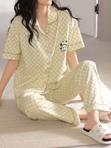 Conjunto de pijama de 2 piezas para mujer - Camisa con cuello y abotonadura, parte superior estampada con pandas a cuadros de manga corta y bolsillo y pantalones holgados, ropa cómoda de ocio para primavera, verano y vacaciones