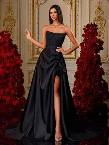 优雅的黑色缎面露肩紧身胸衣礼服，高开叉和玫瑰垂坠，女士舞会礼服，正式晚礼服，迷人的派对礼服，奢华外观，长款晚礼服 - 黑色 - 查看 3