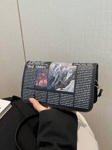 Newspaper Letter Print Minimalist Fashion Shoulder Bag & Mini Square Handbag - Black - View 9