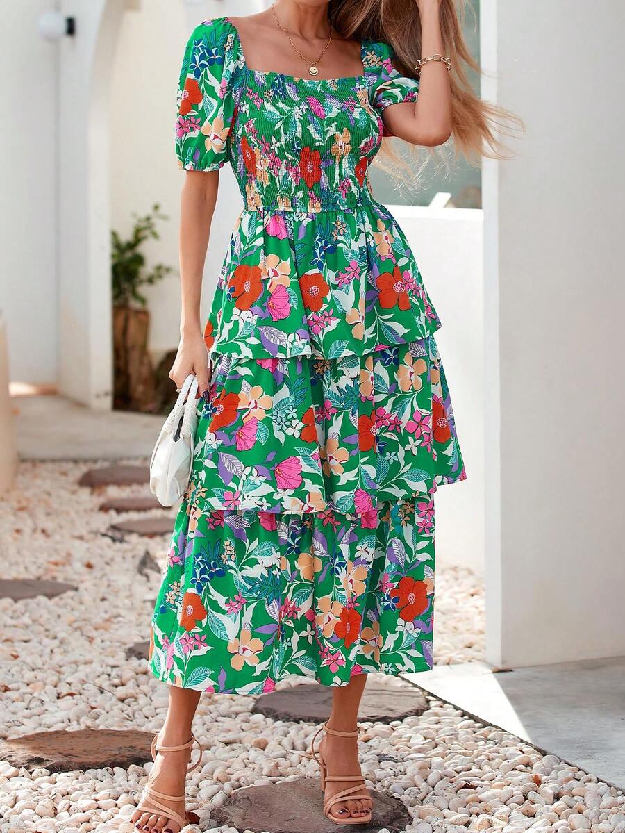 Women Summer Puff Short Sleeve Midi Dress Floral Printed Square Neck Smocked Dress Ruffle Tiered Flowy Long Dress Casual Spring Holiday Vacation Garden Boho Bohemian Wedding Guest Valentine Maxi Dress - 綠色橘色花 - 查看 1