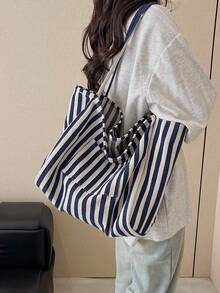复古优雅条纹帆布托特包，韩版休闲大容量女单肩包，适合女士旅行度假 - 藍色 - 查看 5