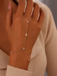 1pc 925 Sterling Silver Lucky Four Leaf Clover Rectangular Cubic Zirconia Linked Bracelet & Chain Ring, Fashionable & Personalized Accessory - Gold - View 1