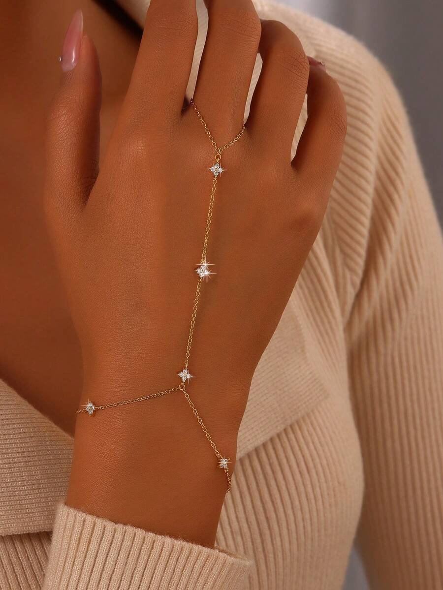 1pc 925 Sterling Silver Lucky Four Leaf Clover Rectangular Cubic Zirconia Linked Bracelet & Chain Ring, Fashionable & Personalized Accessory - Gold - View 1