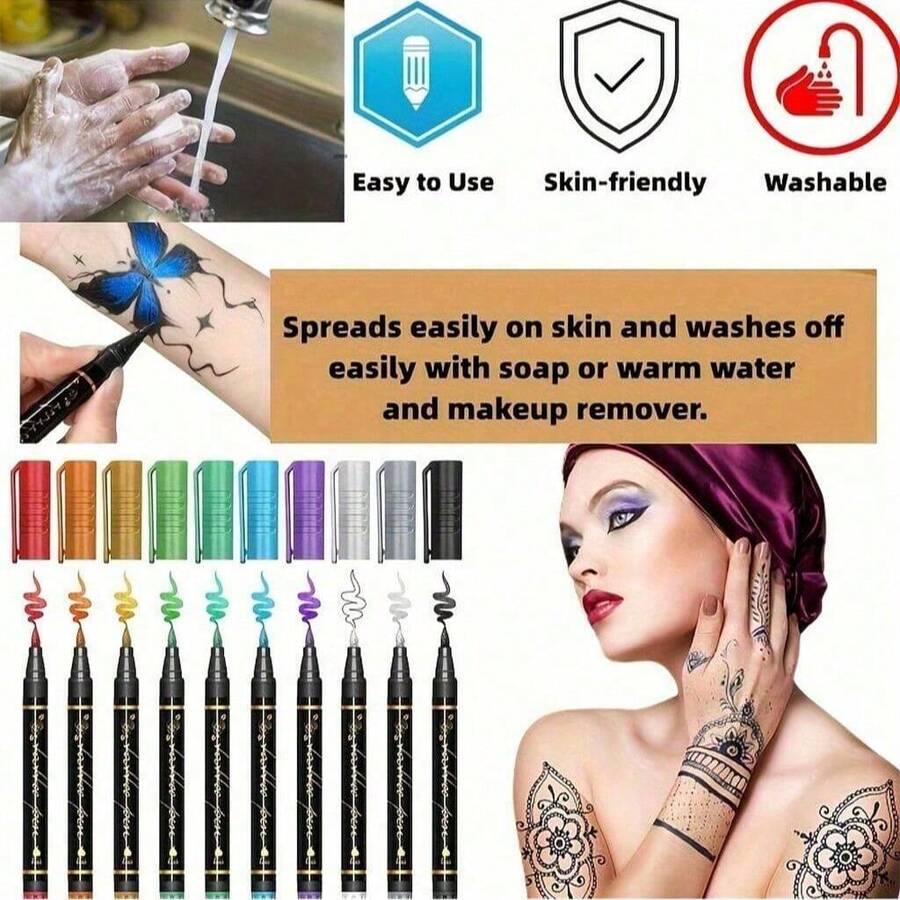 Temporary Tattoo Marker Set With 59 Stencils In 10 Colors - Waterproof, Easy To Use, Skin-Friendly, Washable - For Festivals, Parties And Sporting Events - Multicolor - View 1