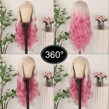 13X4 Free Part Ombre Pink Body Wave Synthetic Lace Front Wigs For Women 28 Inch Long Wavy Hair Wigs Glueless Soft Pink Ombre Colored Wigs Heat Resistant Christmas Wig Natural Long Wave Lace Front Wigs For Daily Party Cosplay Use - 漸層粉紅色 - 查看 6
